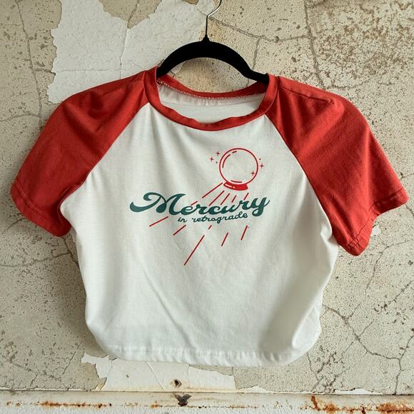 Astrology Graphic Cropped Ringer Tee Mercury in Retrograde White Red Size Small - Picture 1 of 3